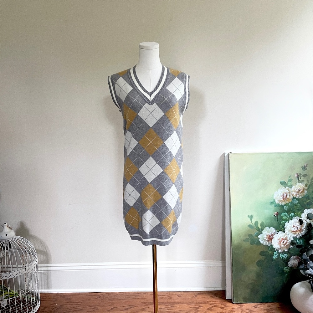 Sweater Knit Vest Dress Argyle V Neck Womens S Academia Preppy Y2K Schoolgirl